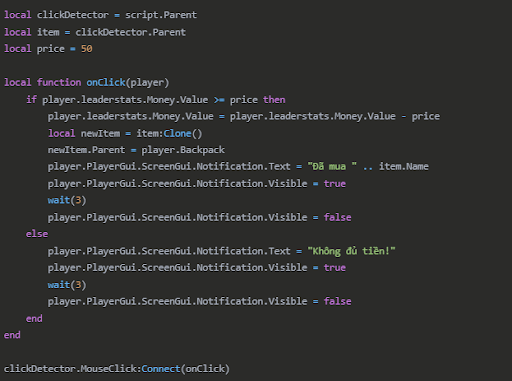 Thêm script vào ClickDetector