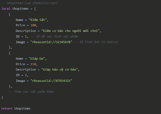 ModuleScript để quản lý dữ liệu cửa hàng