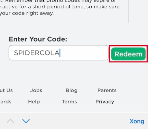 Nhập mã code roblox